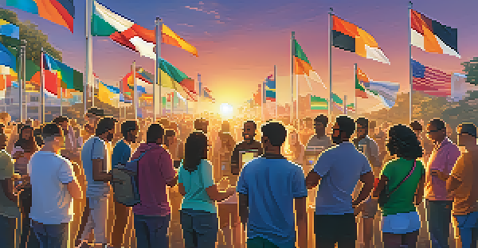 A diverse group of people gathered outdoors, discussing Bitcoin and sharing ideas, with various country flags and a sunset in the background.