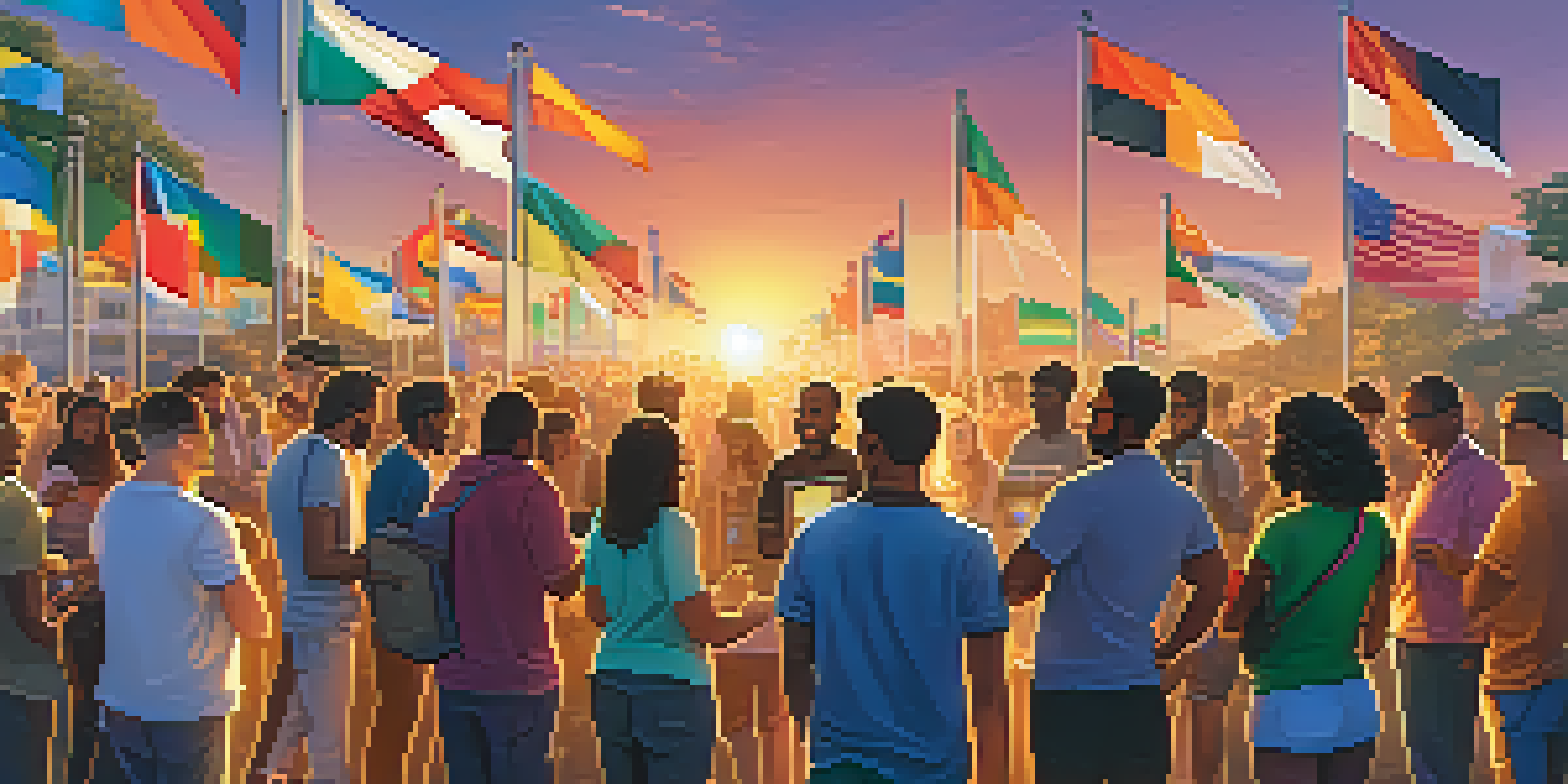 A diverse group of people gathered outdoors, discussing Bitcoin and sharing ideas, with various country flags and a sunset in the background.