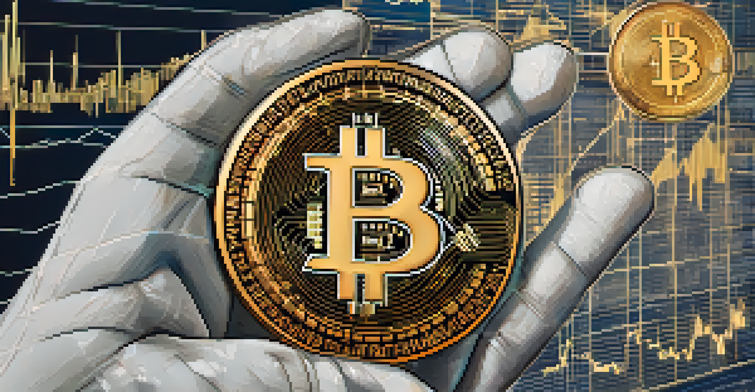 A hand holding a shiny Bitcoin token in front of fluctuating financial charts, highlighting its market value.