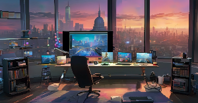 A digital artist's workspace with colorful digital collectibles on screens, surrounded by art supplies and a city skyline view at dusk.