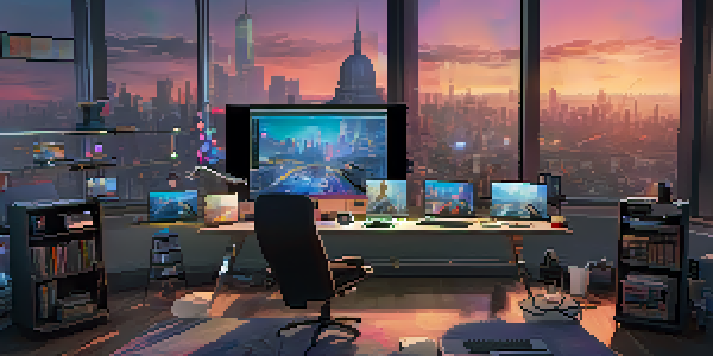A digital artist's workspace with colorful digital collectibles on screens, surrounded by art supplies and a city skyline view at dusk.