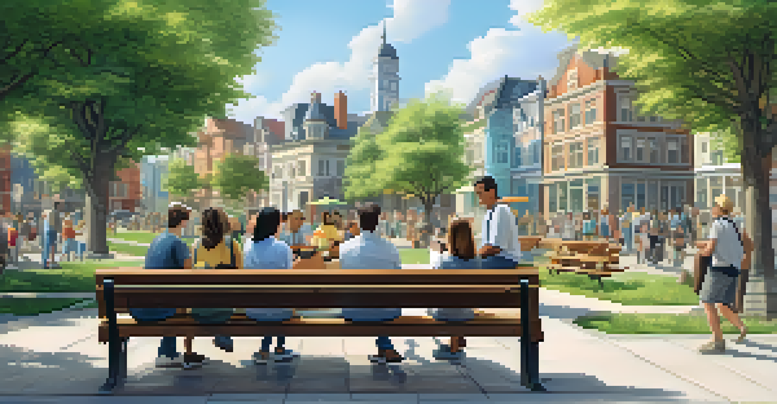 A beautiful small town scene where residents are engaging with Bitcoin transactions on mobile devices, surrounded by nature and charming buildings.