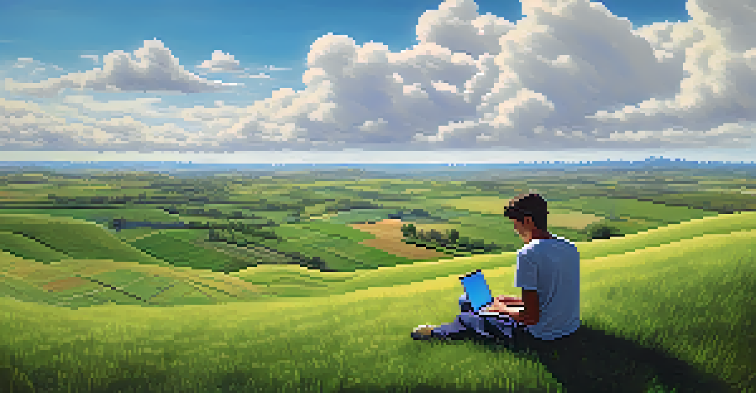 A person on a grassy hill using a laptop for Bitcoin services in a serene rural landscape.