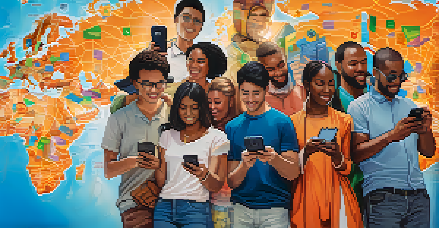 A diverse group of people using smartphones for Bitcoin transactions over a world map backdrop.