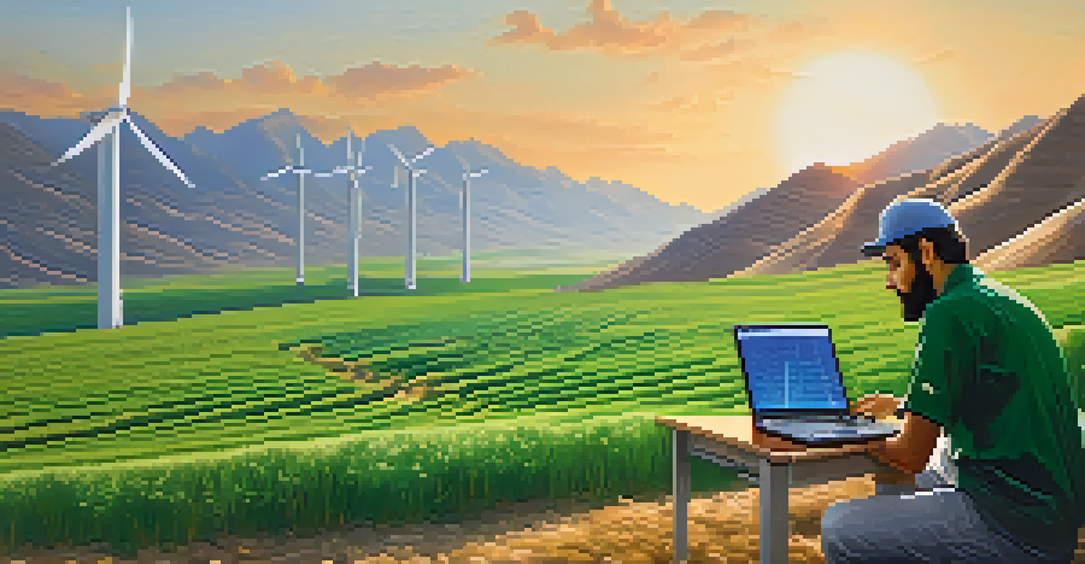An Iranian Bitcoin miner working in a mountainous landscape, with wind turbines and a soft evening light.