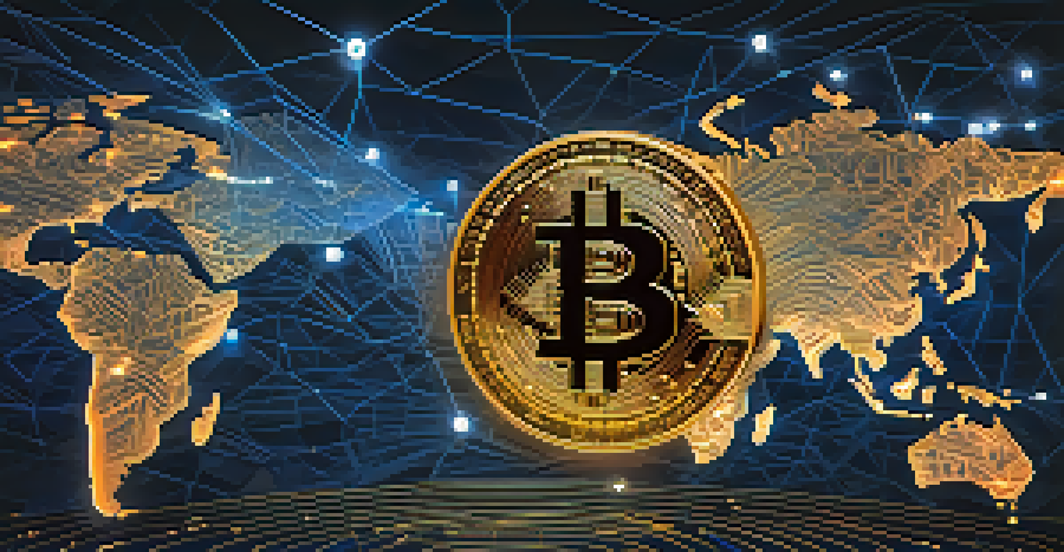 Artistic representation of Bitcoin coins floating above a digital world map with connecting lines.