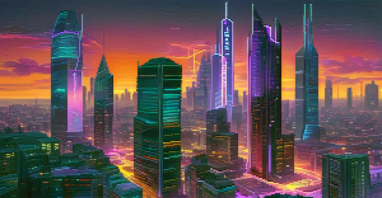 A futuristic city skyline at dusk, featuring illuminated buildings with screens showing tokenized assets.