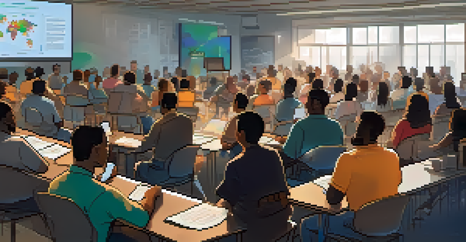 A workshop where individuals learn about Bitcoin, with charts and infographics displayed, highlighting the role of education in financial inclusion.