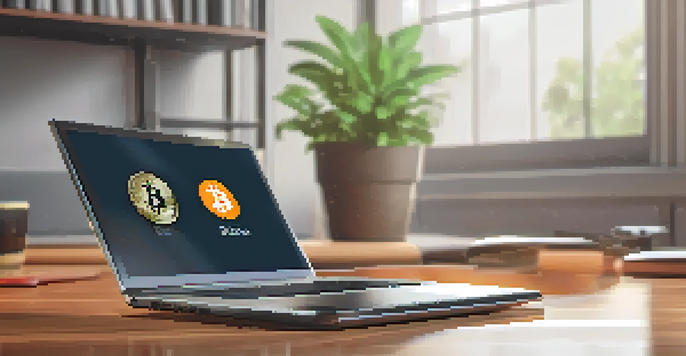 A close-up view of a modern hardware Bitcoin wallet on a wooden table with soft lighting, surrounded by a laptop and a potted plant in the background.