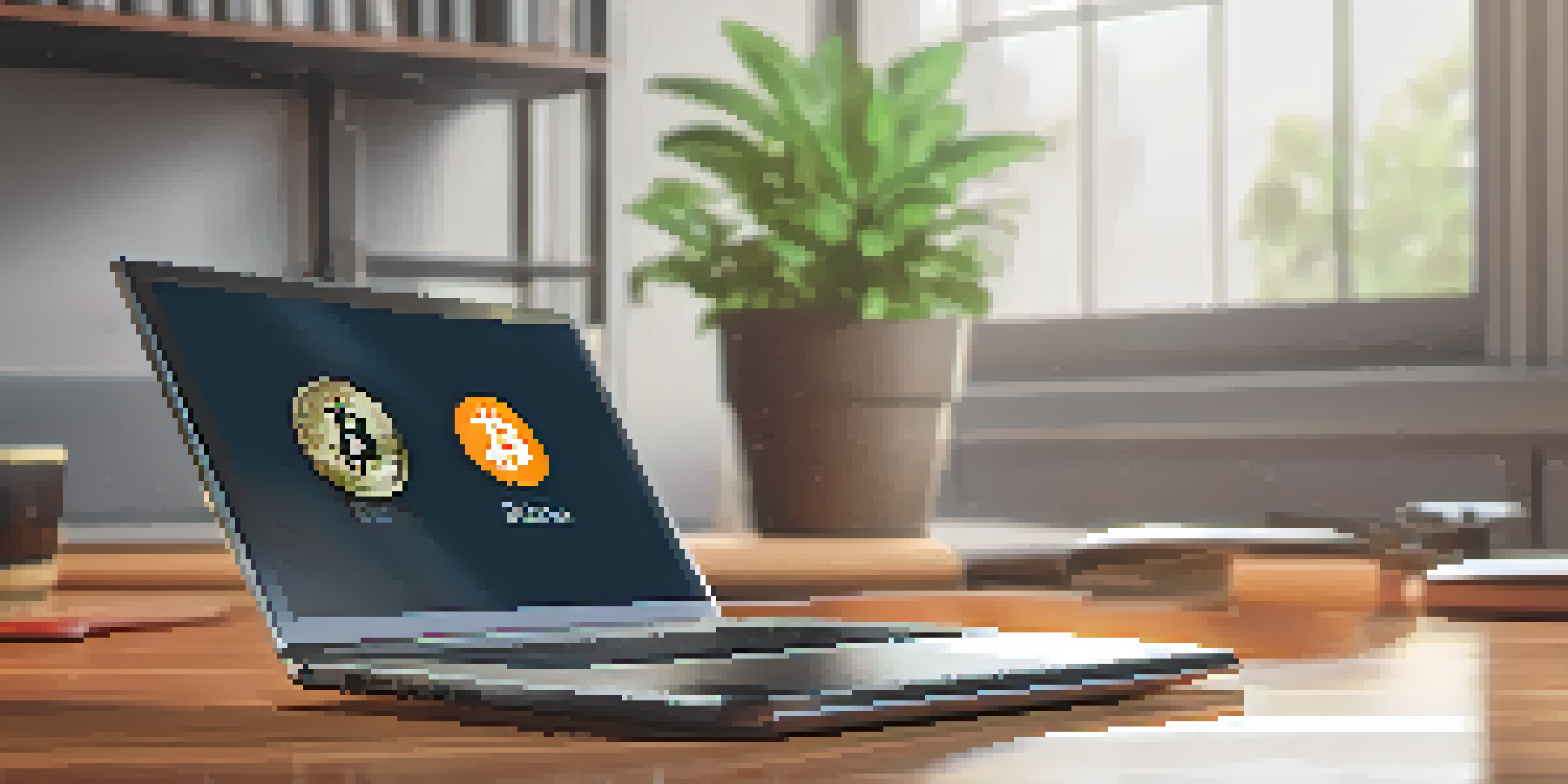 A close-up view of a modern hardware Bitcoin wallet on a wooden table with soft lighting, surrounded by a laptop and a potted plant in the background.