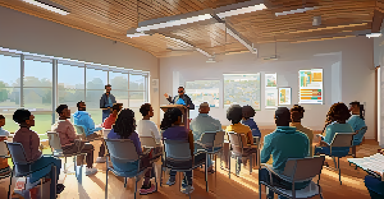 A community workshop with people learning about Bitcoin, surrounded by educational materials and a speaker.