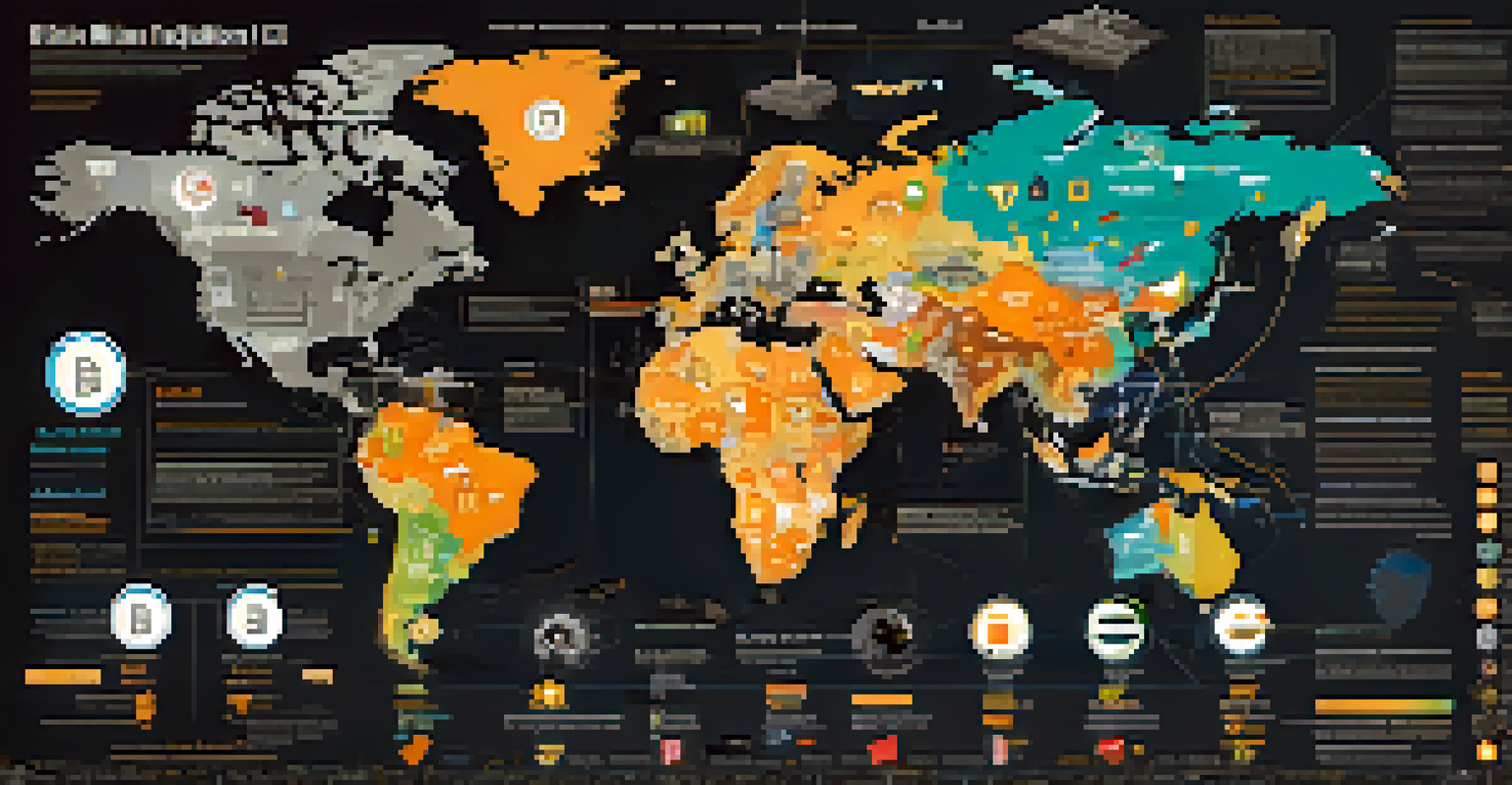 An infographic showing a world map of Bitcoin mining regulations with icons and color coding.