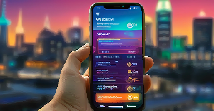 A smartphone showing a digital wallet interface with a software update notification, set against a blurred cityscape background.