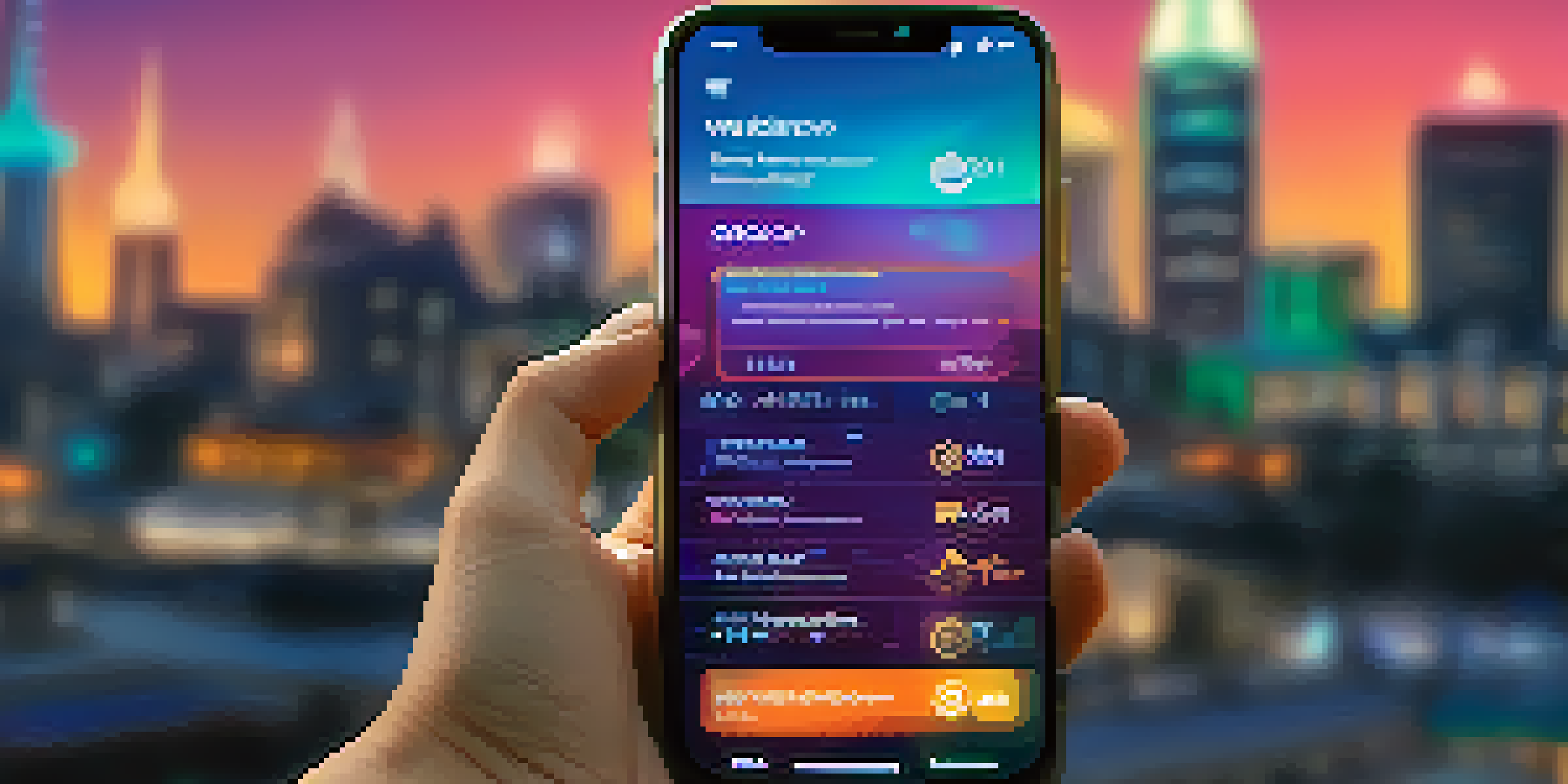 A smartphone showing a digital wallet interface with a software update notification, set against a blurred cityscape background.