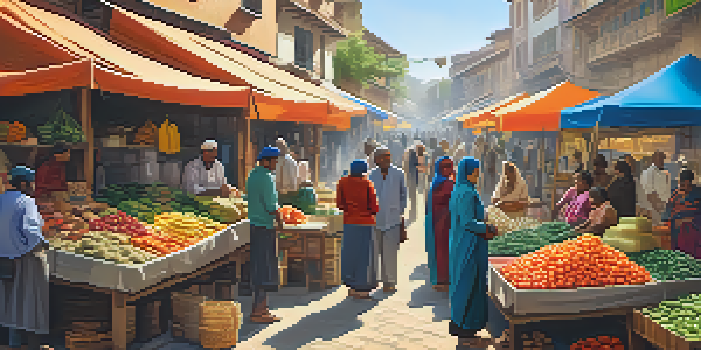 A lively market scene with colorful stalls, people trading, and a family using a smartphone to receive Bitcoin remittances.