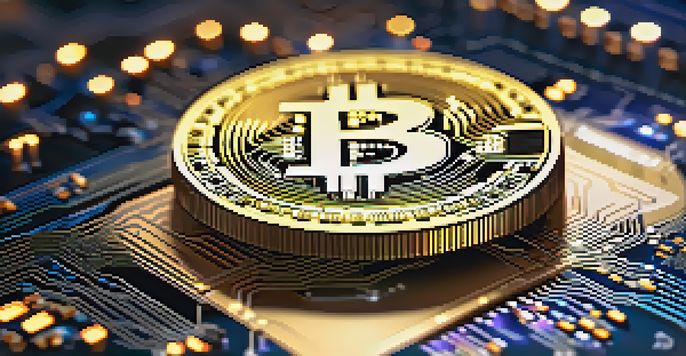 A detailed close-up of a Bitcoin coin on a circuit board, with glowing circuit lines in the background.
