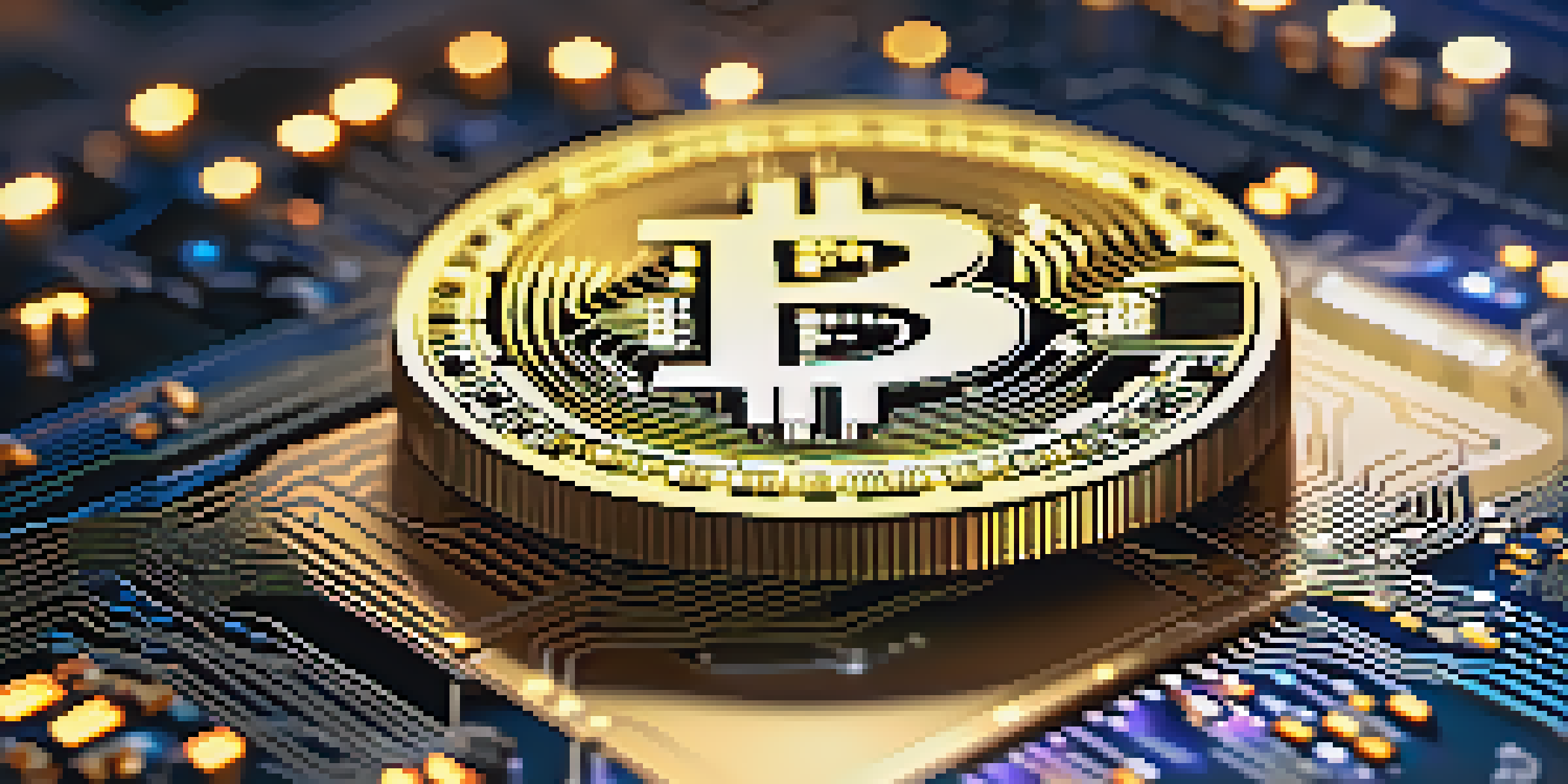 A detailed close-up of a Bitcoin coin on a circuit board, with glowing circuit lines in the background.