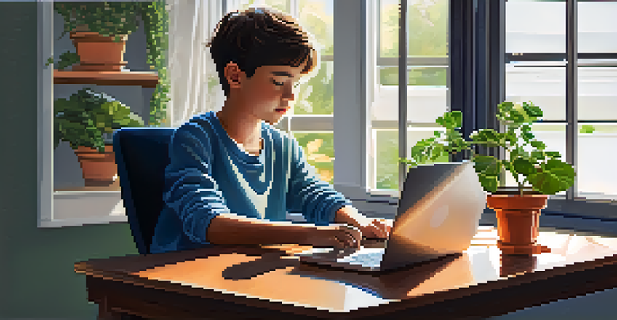 A young heir studying Bitcoin investment on a laptop with a notebook and a plant nearby in a softly lit room.