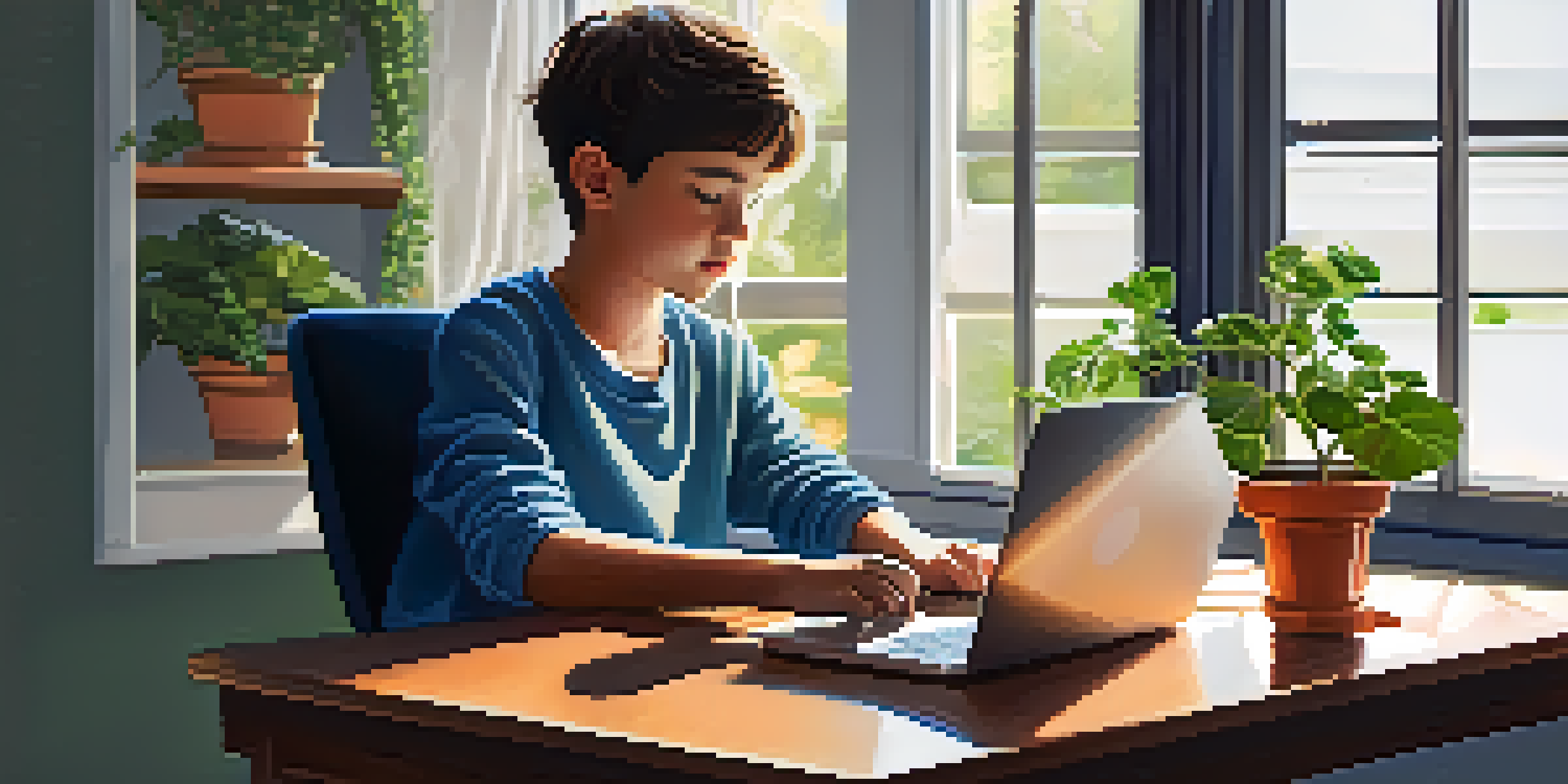 A young heir studying Bitcoin investment on a laptop with a notebook and a plant nearby in a softly lit room.
