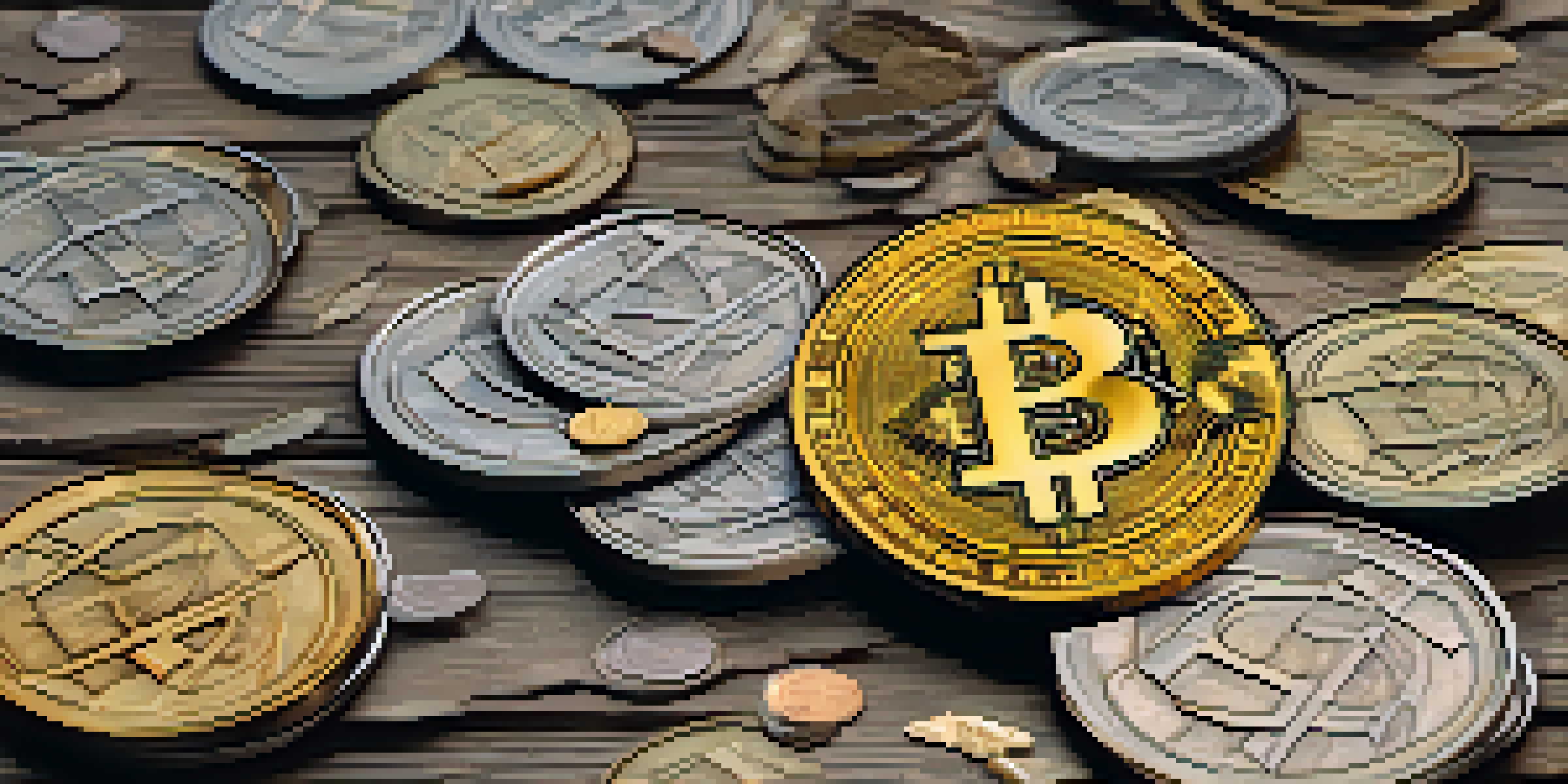 A golden Bitcoin coin on a wooden table surrounded by scattered coins and crumpled banknotes, illuminated by warm lighting.