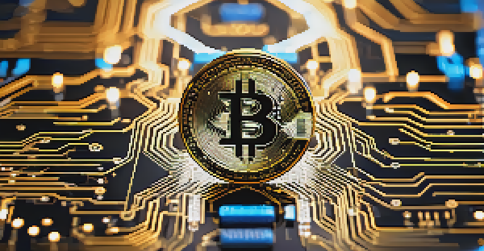 A close-up of a Bitcoin on a digital circuit board, surrounded by glowing lines and intricate details, symbolizing blockchain technology.