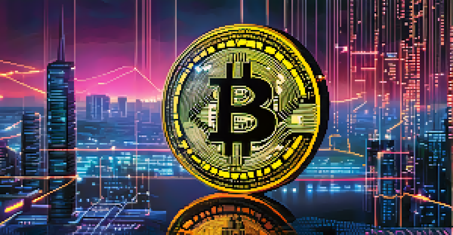 An artistic depiction of a Bitcoin coin in a digital landscape with binary code, against a futuristic cityscape with neon lights.
