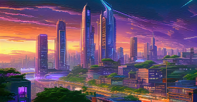 A futuristic city skyline at dusk with glowing buildings, flying vehicles, and neon lights.