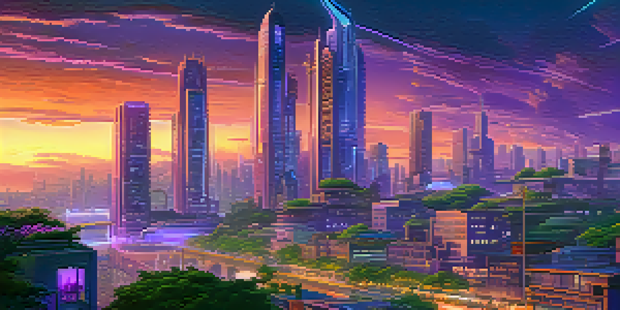 A futuristic city skyline at dusk with glowing buildings, flying vehicles, and neon lights.