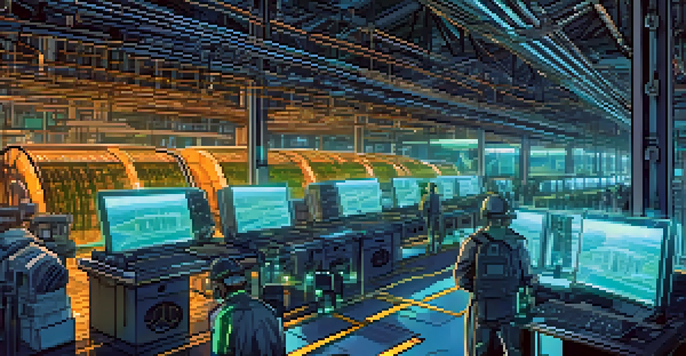 A vibrant Bitcoin mining facility with rows of glowing mining rigs, illuminated by blue and green lights, and screens showing transaction data.