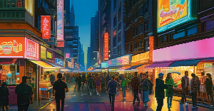 A vibrant city street at dusk filled with people and neon lights.