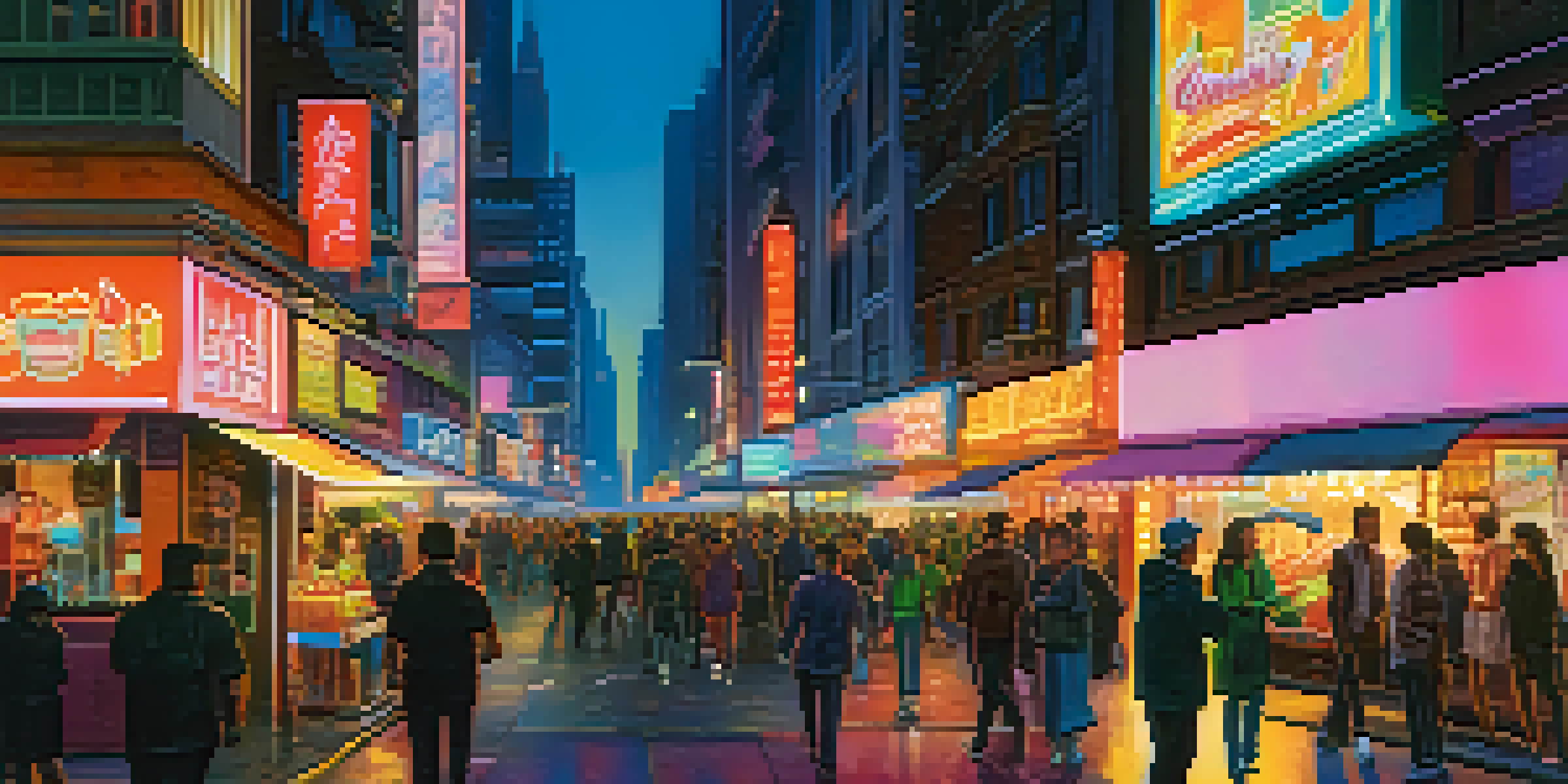 A vibrant city street at dusk filled with people and neon lights.