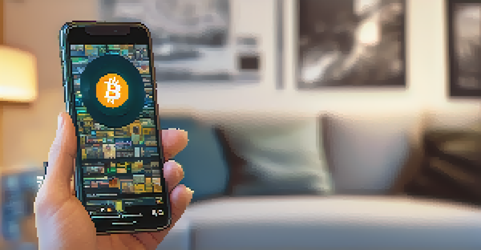 A close-up of a hand holding a smartphone showing an NFT artwork with a Bitcoin logo, set in a cozy living room.