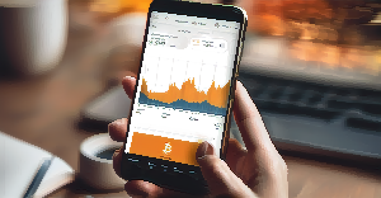 A close-up of hands holding a smartphone showing a Bitcoin price chart, with a cozy background of a coffee cup and notebook.