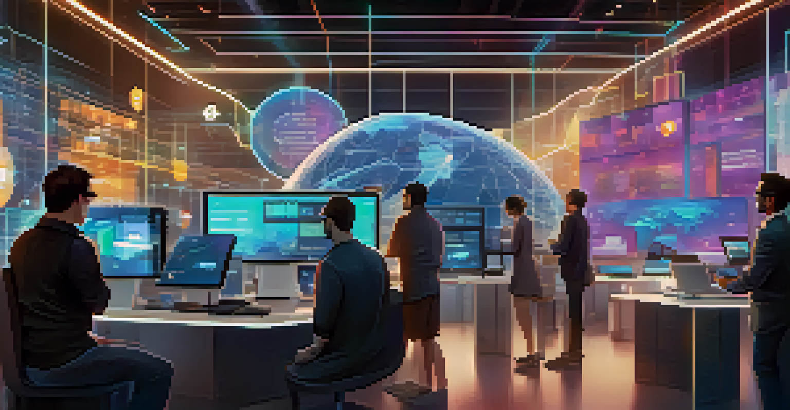 A futuristic digital marketplace featuring users interacting with cryptocurrencies and holographic financial data displays.