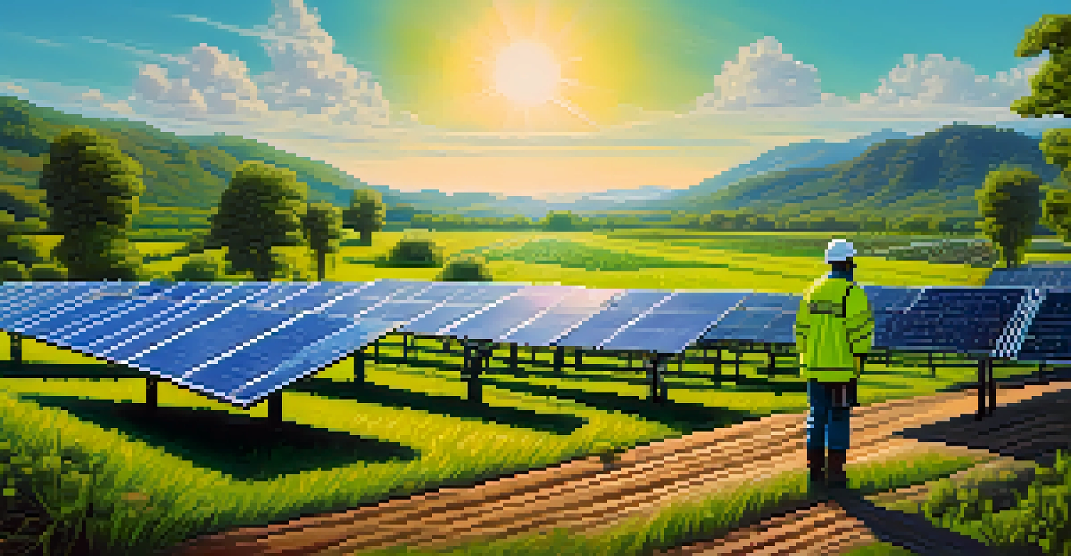 A solar farm powering Bitcoin mining operations with solar panels under a blue sky, and a miner inspecting them, showcasing harmony with nature.