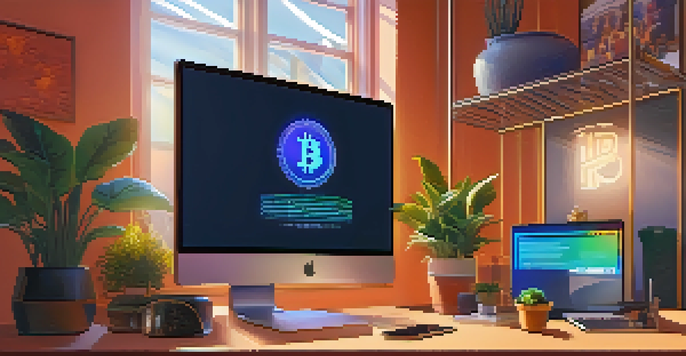 A modern digital workspace with a Bitcoin wallet interface on a computer screen and colorful NFT art on the walls.