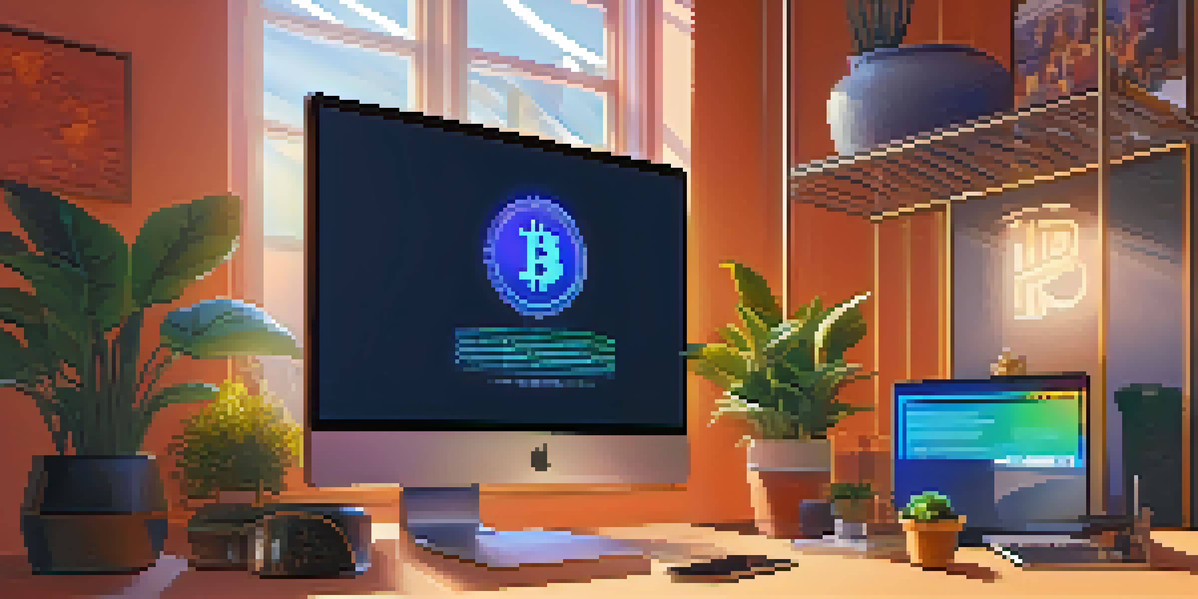 A modern digital workspace with a Bitcoin wallet interface on a computer screen and colorful NFT art on the walls.