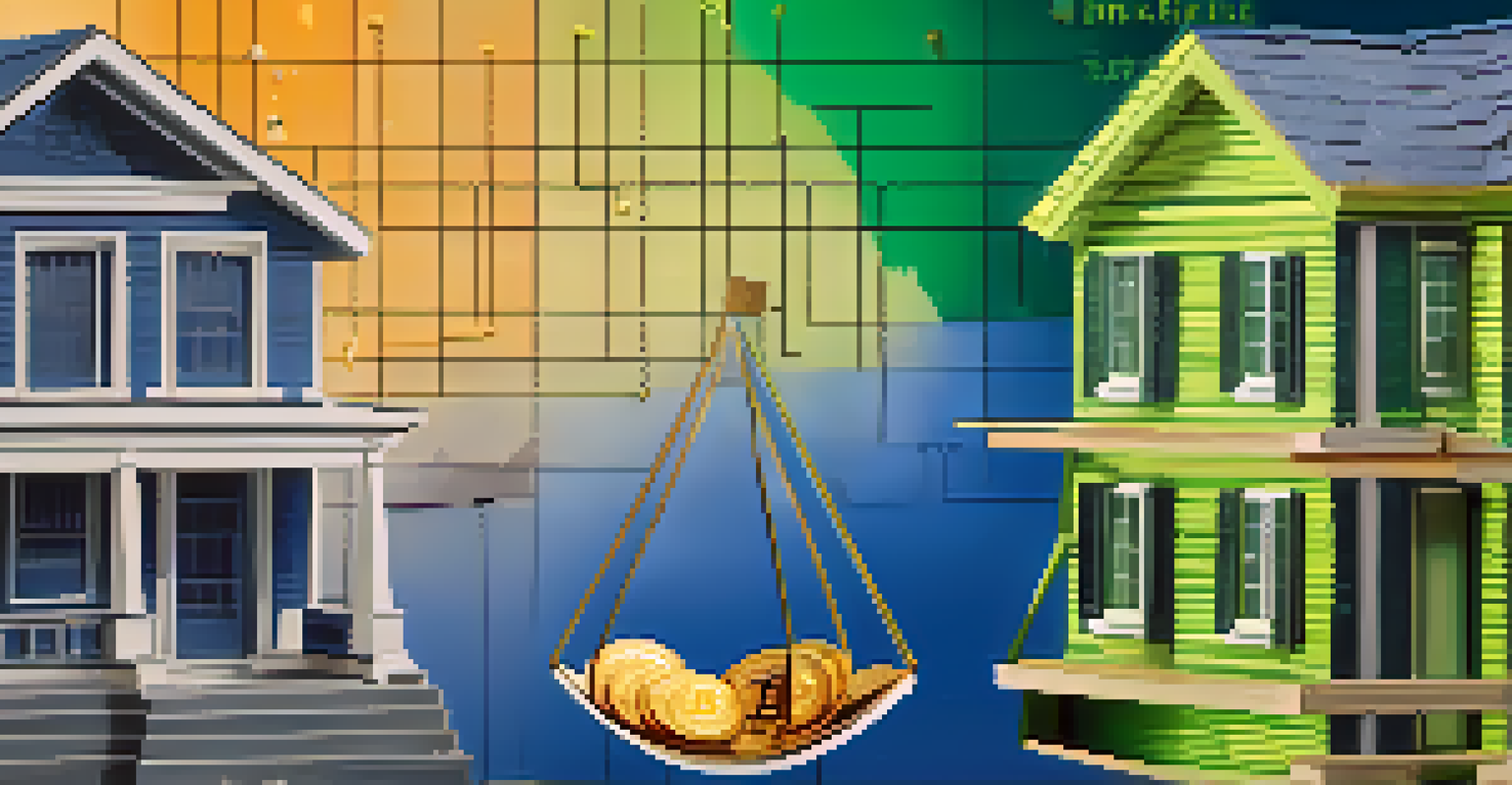 A balanced scale with Bitcoin coins on one side and stocks and real estate on the other, against a gradient background.