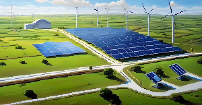 A peaceful scene showing a Bitcoin mining site using solar panels and a wind turbine, surrounded by green hills under a clear blue sky.