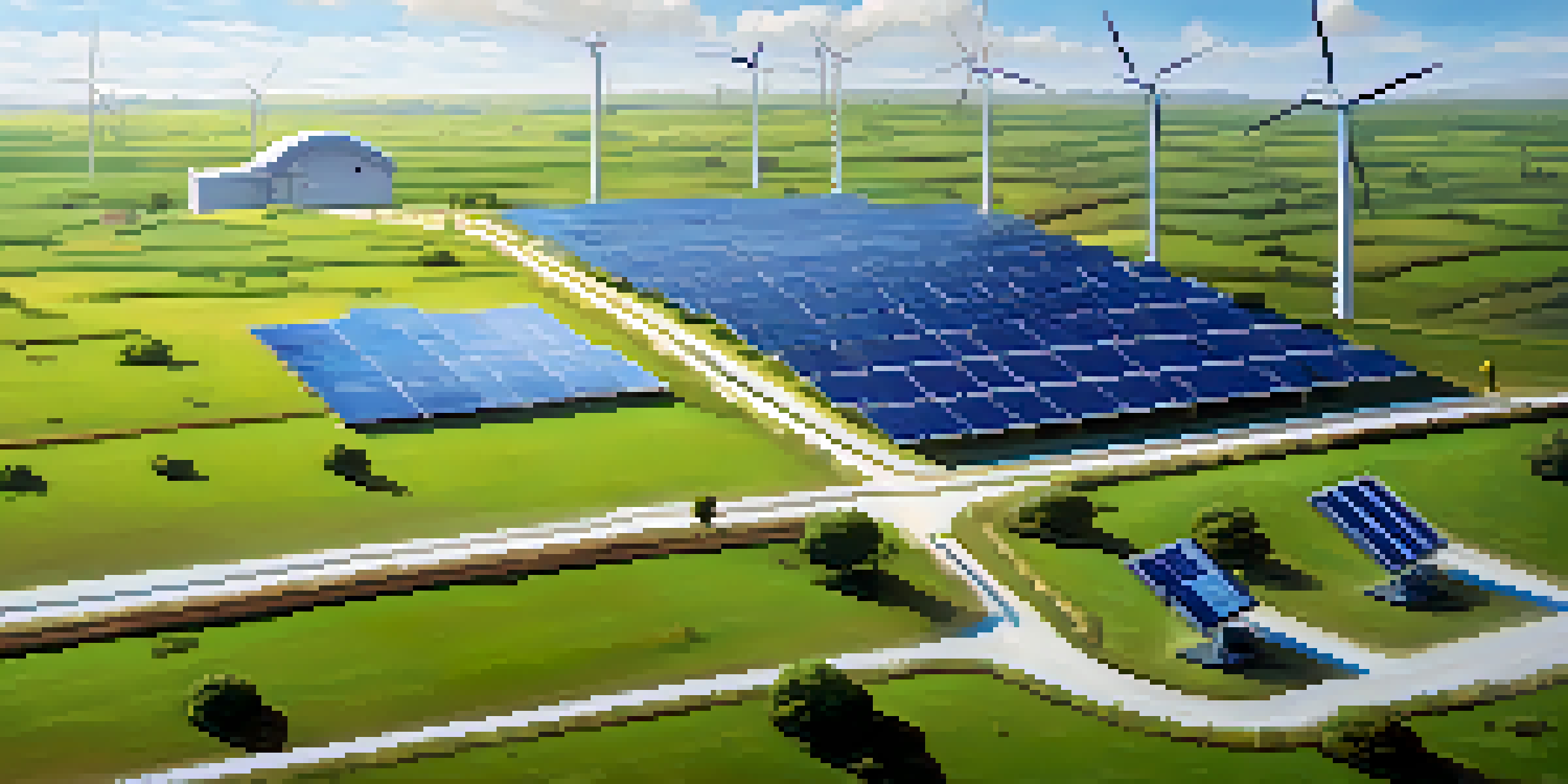 A peaceful scene showing a Bitcoin mining site using solar panels and a wind turbine, surrounded by green hills under a clear blue sky.