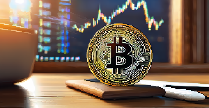 A close-up view of a Bitcoin coin on a wooden desk, illuminated by soft light, with a digital financial chart visible in the background.