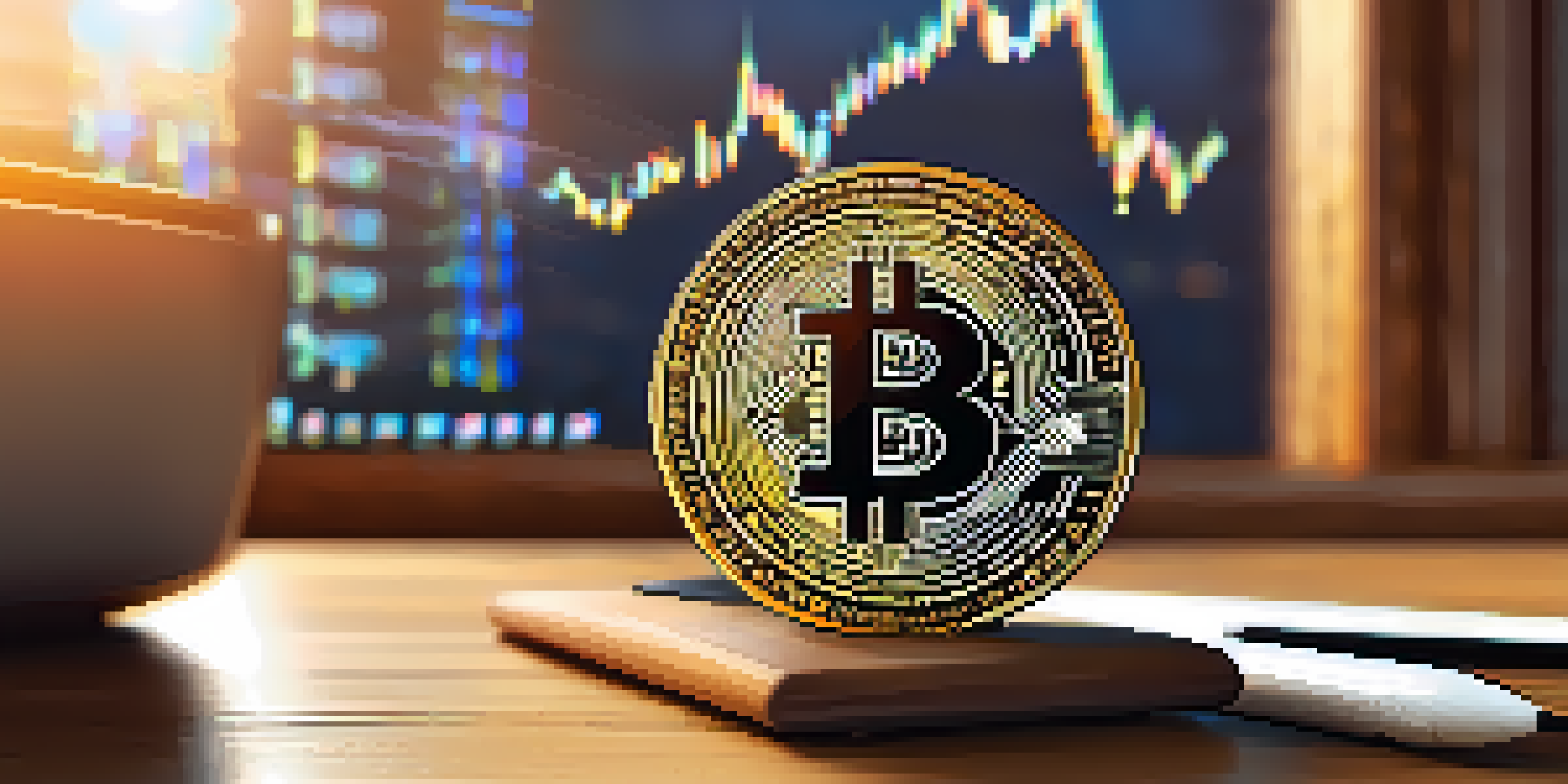 A close-up view of a Bitcoin coin on a wooden desk, illuminated by soft light, with a digital financial chart visible in the background.