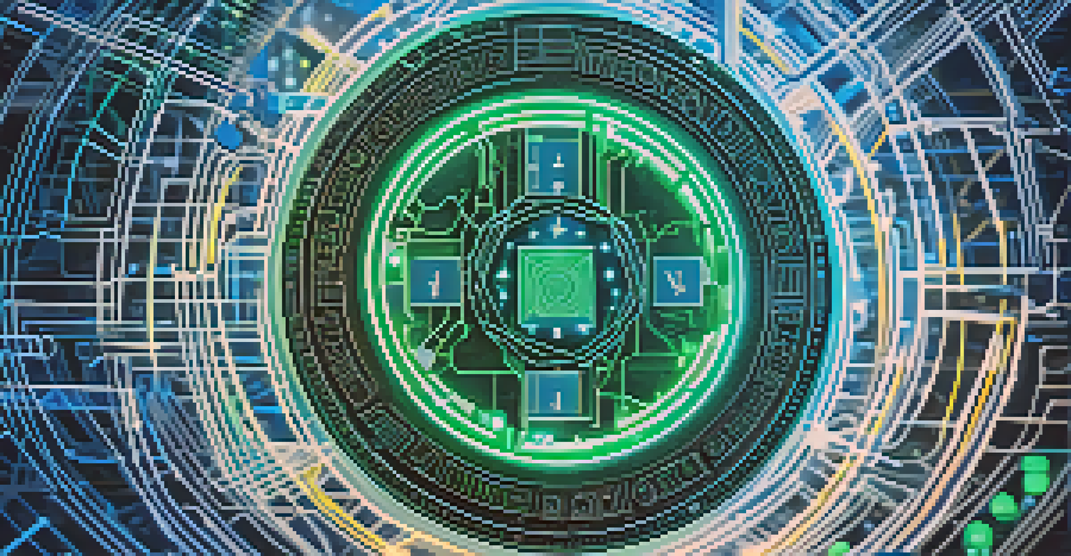 A close-up of a governance token with symbols of decentralization against a blurred blockchain background.