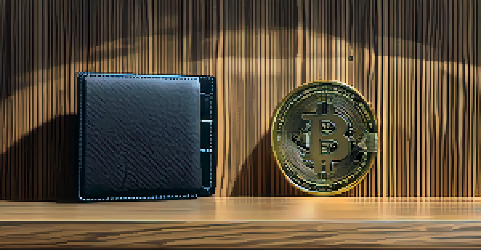 A hardware Bitcoin wallet on a wooden table, featuring a sleek metallic design with digital elements like binary code and lock symbols in the background, illuminated with dramatic lighting.