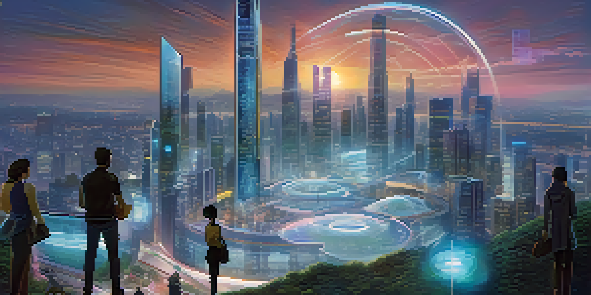 A futuristic city skyline with modern buildings and people using holographic interfaces, symbolizing secure digital identity.