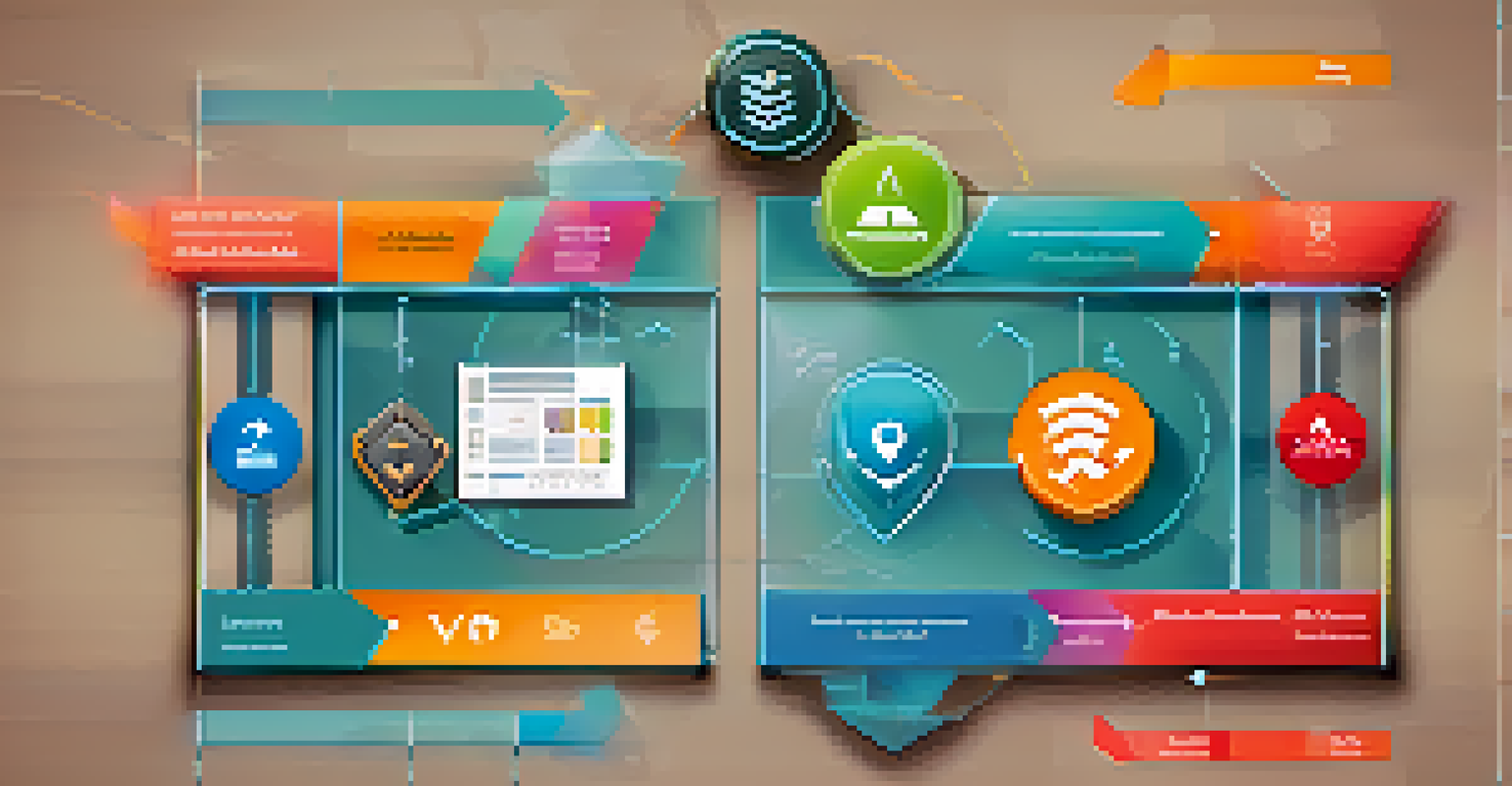 An infographic showing the differences between utility tokens and security tokens, with colorful icons and symbols representing each type.