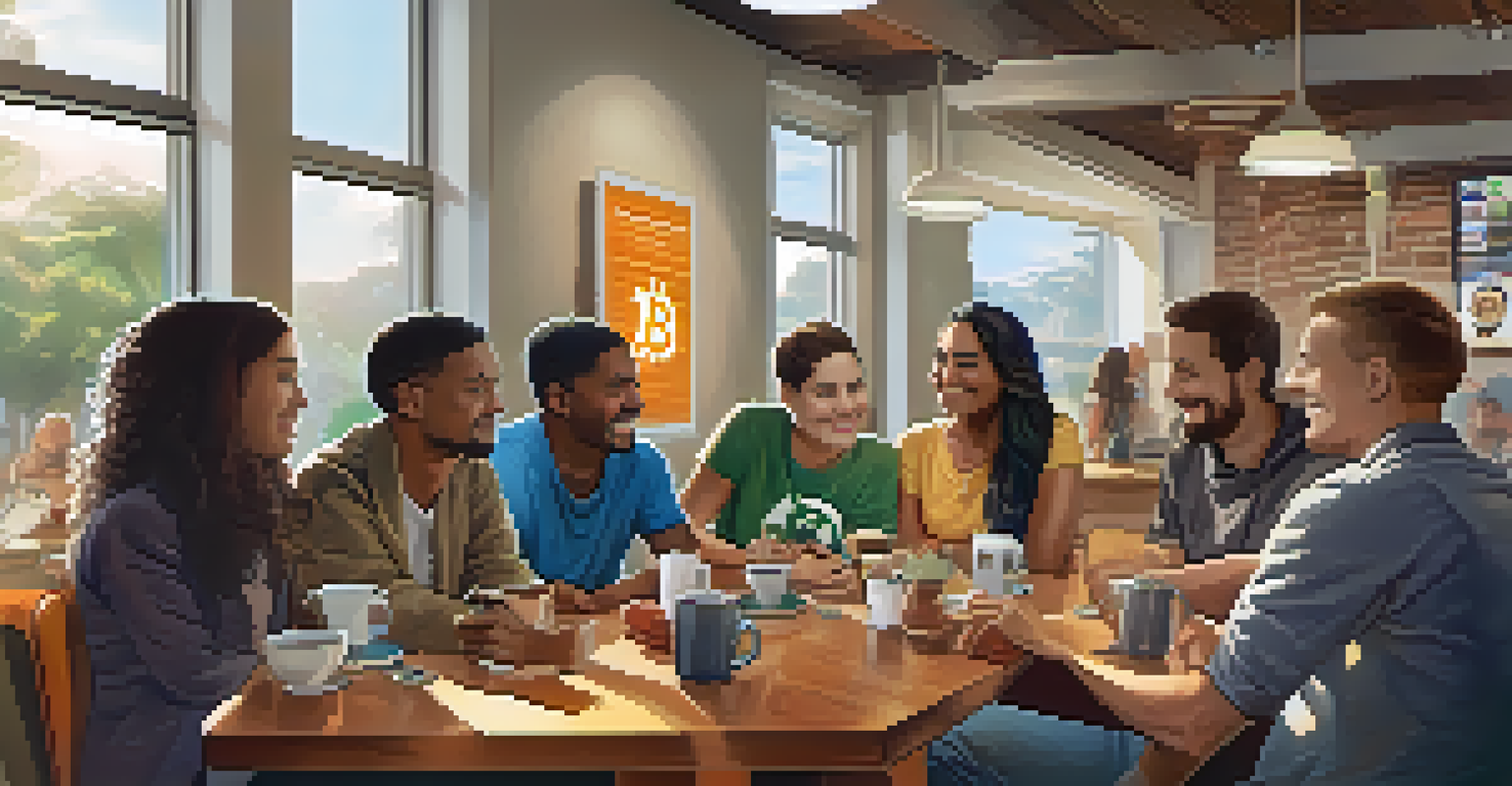 A diverse group of people discussing Bitcoin in a community setting, with colorful posters and sunlight streaming in.
