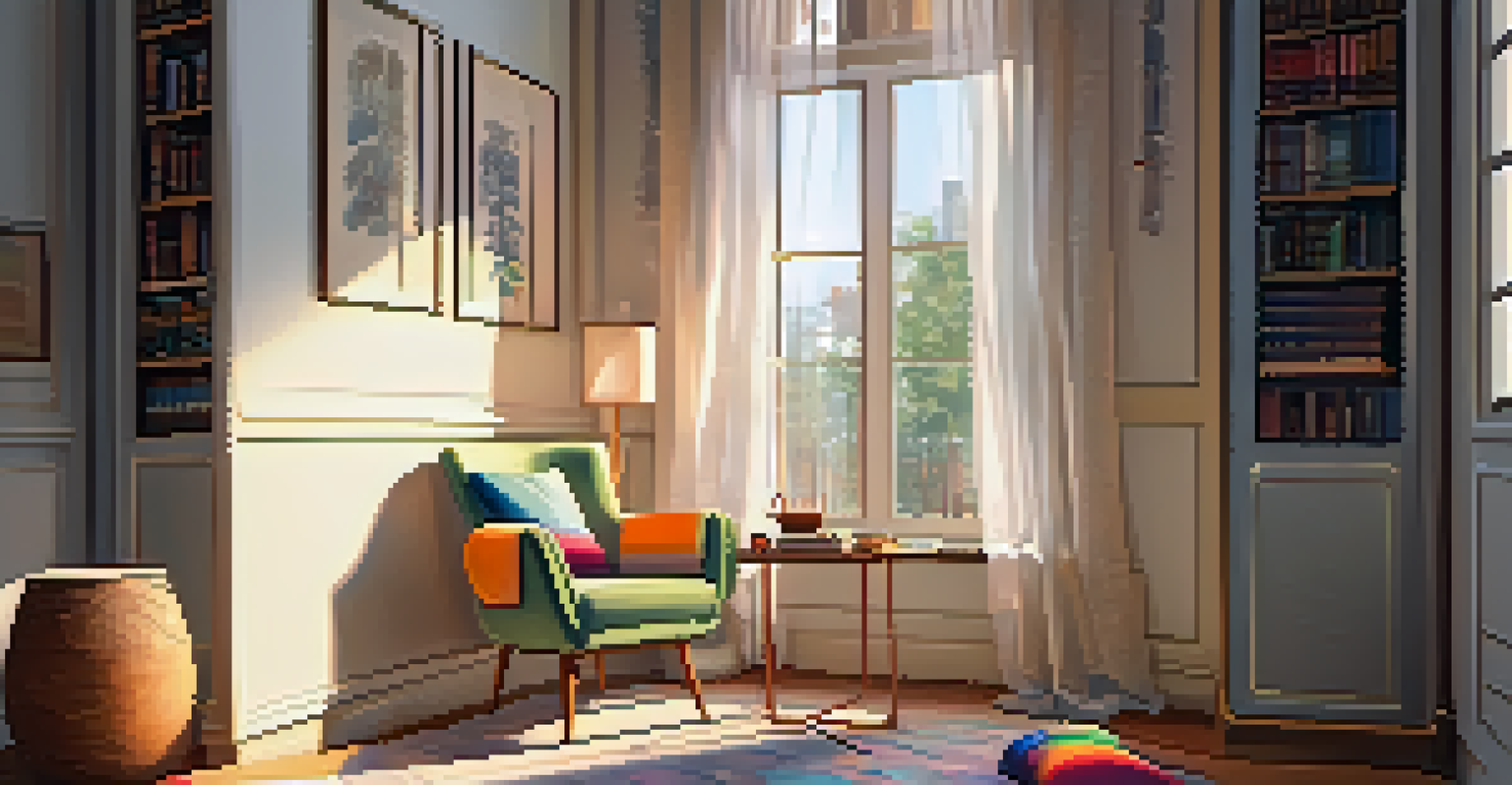 A cozy reading nook with an armchair, a cup of tea, and sunlight streaming through a window.