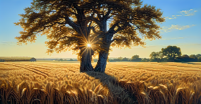 A peaceful rural landscape featuring a field of golden wheat and a solitary oak tree under a blue sky.