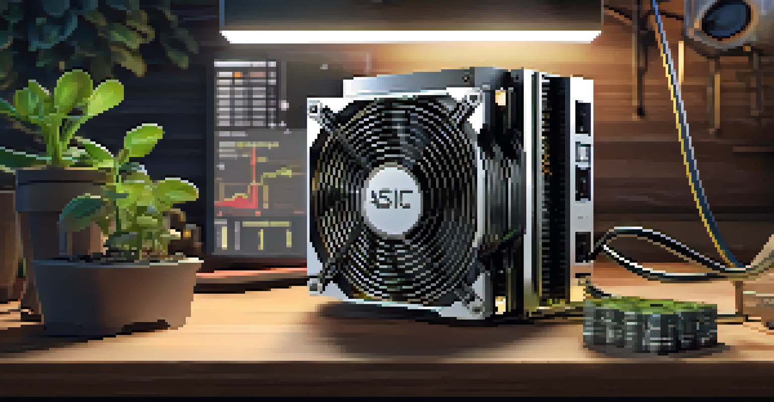 A close-up of an ASIC miner on a desk with a laptop showing mining statistics.